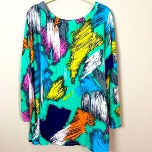 La RopasUSA Slinky Stretch Knit Abstract Paint Print Square Hem Blouse Large Top